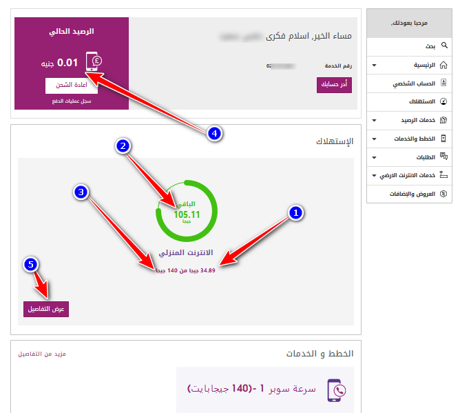 معرفة الباقي من باقة النت tedata